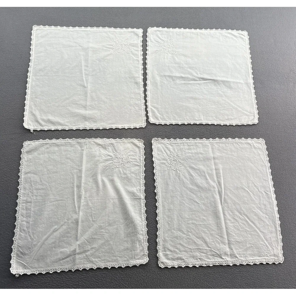 Lillian Vernon White Cotton Napkins Set of 4 Floral Embroidery Crochet Lace Trim